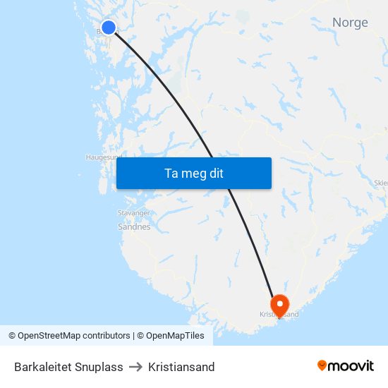 Barkaleitet Snuplass to Kristiansand map