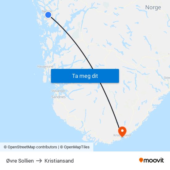 Øvre Sollien to Kristiansand map