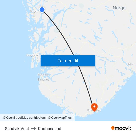 Sandvik Vest to Kristiansand map