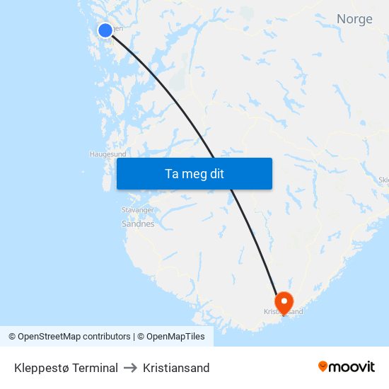 Kleppestø Terminal to Kristiansand map