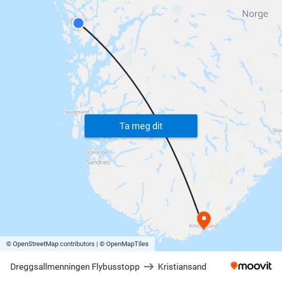 Dreggsallmenningen Flybusstopp to Kristiansand map