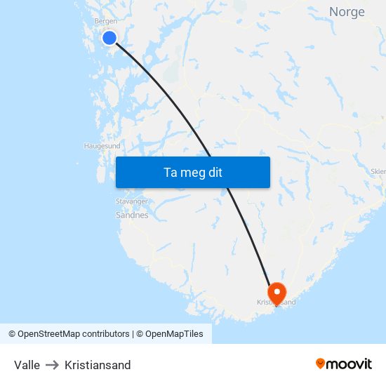 Valle to Kristiansand map