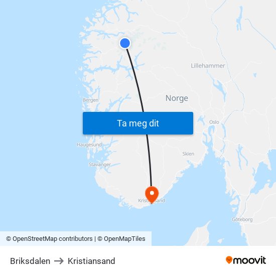 Briksdalen to Kristiansand map