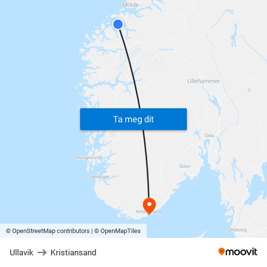 Ullavik to Kristiansand map