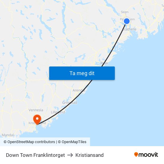 Down Town Franklintorget to Kristiansand map