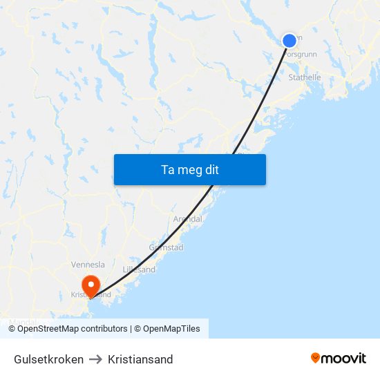 Gulsetkroken to Kristiansand map