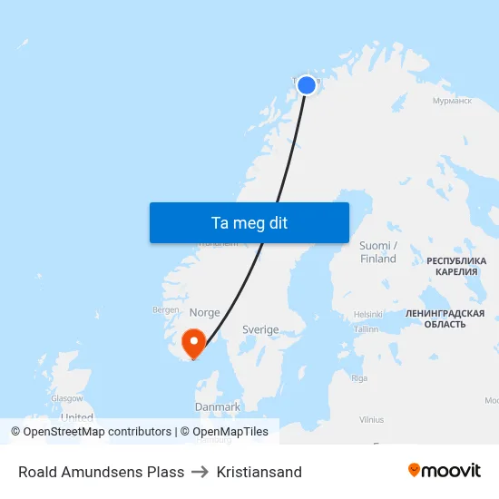 Roald Amundsens Plass to Kristiansand map