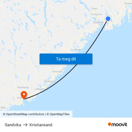Sandvika to Kristiansand map