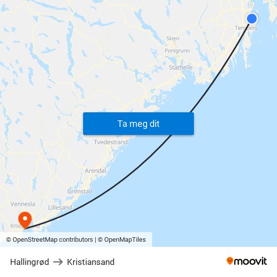 Hallingrød to Kristiansand map