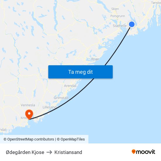 Ødegården Kjose to Kristiansand map