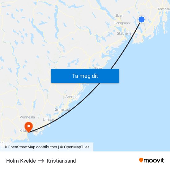 Holm Kvelde to Kristiansand map