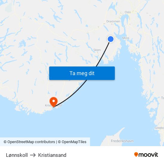 Lønnskoll to Kristiansand map