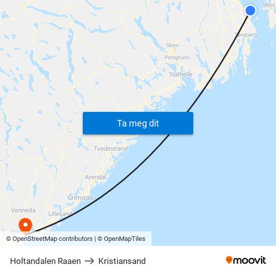 Holtandalen Raaen to Kristiansand map