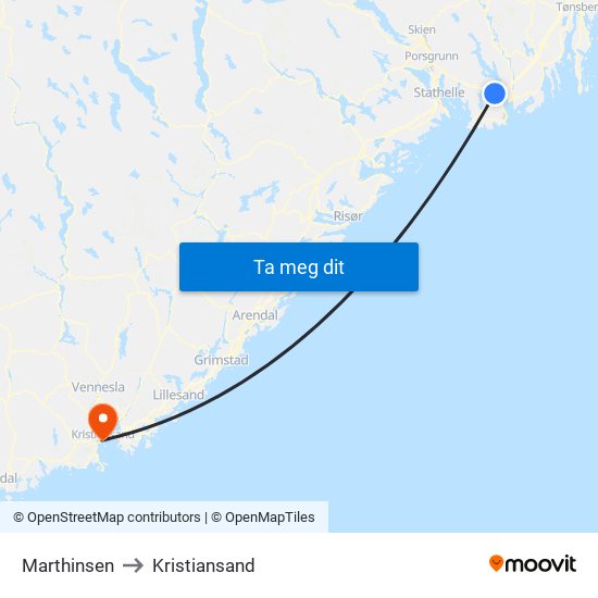 Marthinsen to Kristiansand map