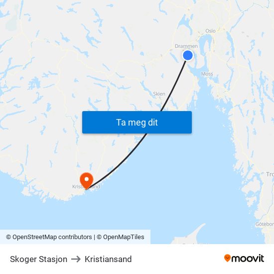 Skoger Stasjon to Kristiansand map