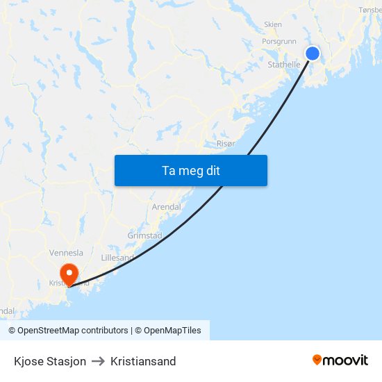 Kjose Stasjon to Kristiansand map