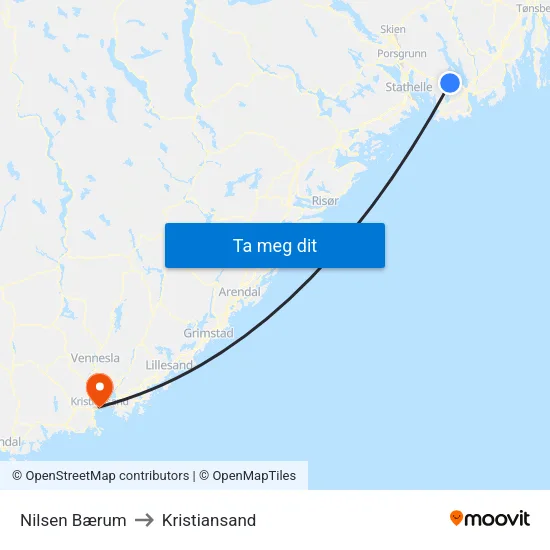 Nilsen Bærum to Kristiansand map