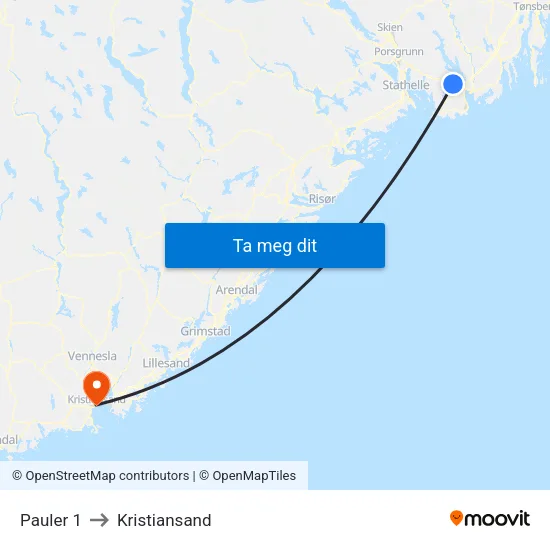 Pauler 1 to Kristiansand map