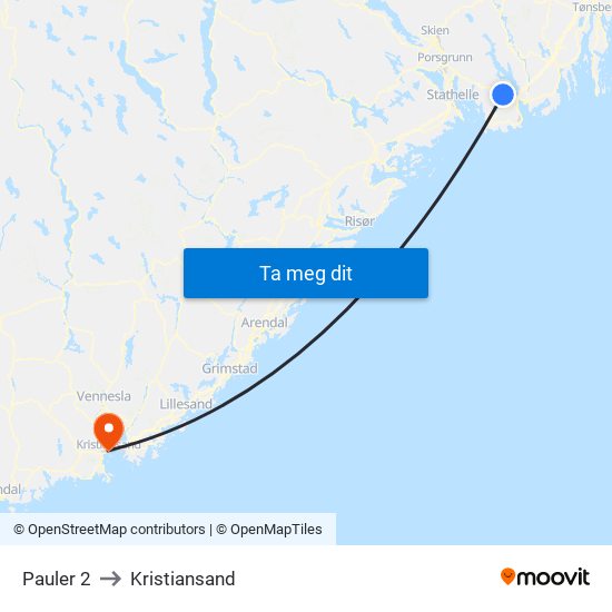 Pauler 2 to Kristiansand map