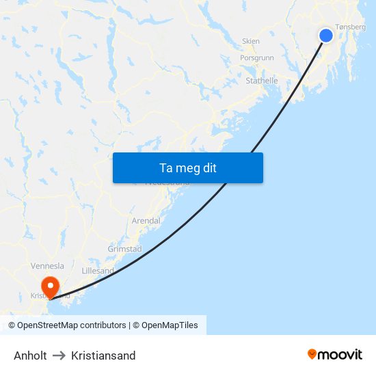 Anholt to Kristiansand map