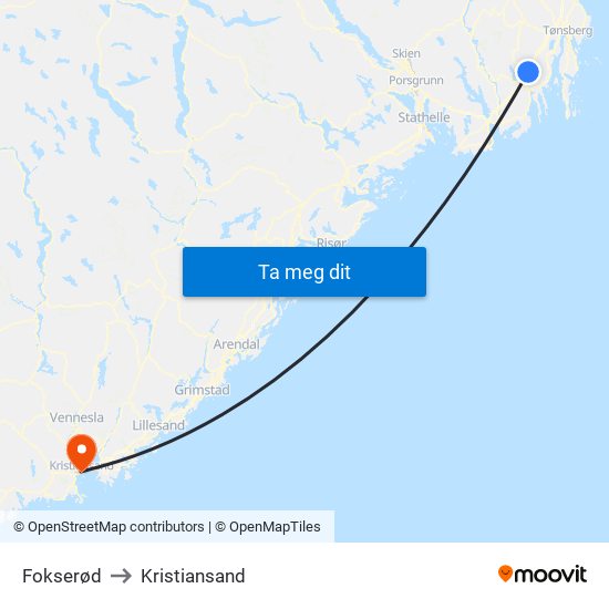 Fokserød to Kristiansand map