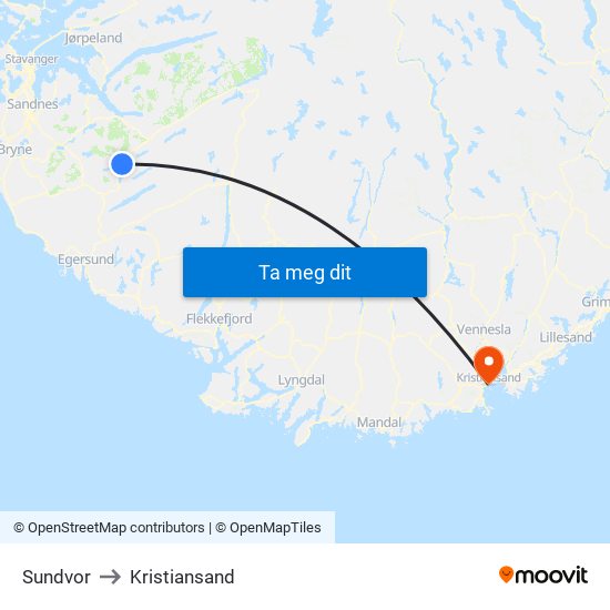 Sundvor to Kristiansand map