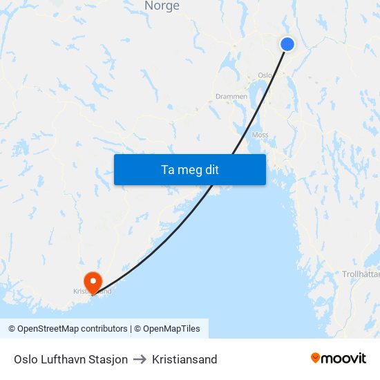 Oslo Lufthavn Stasjon to Kristiansand map