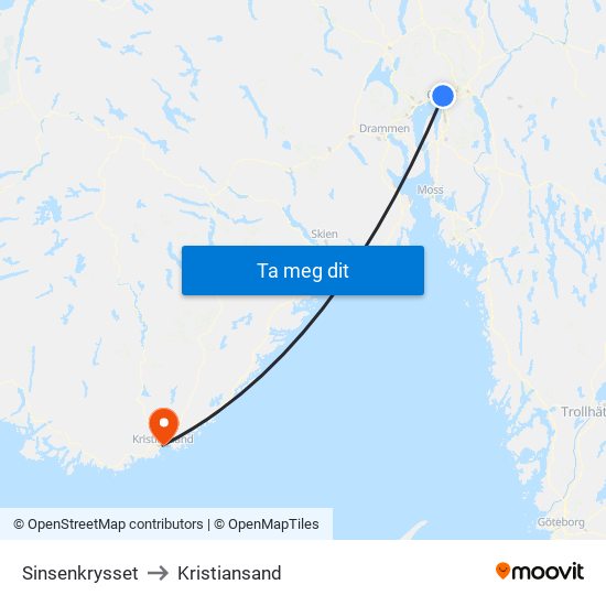 Sinsenkrysset to Kristiansand map