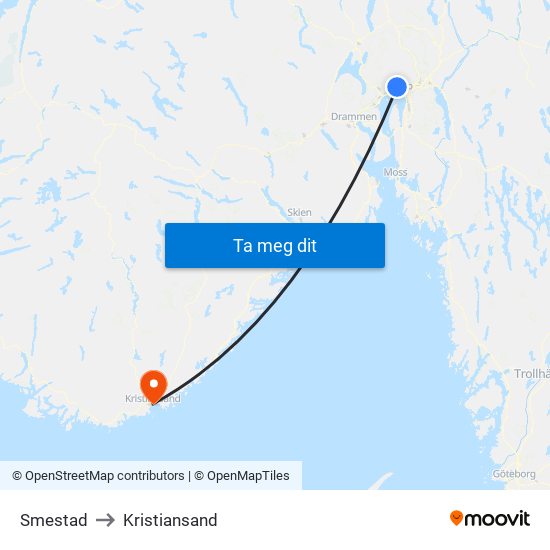 Smestad to Kristiansand map