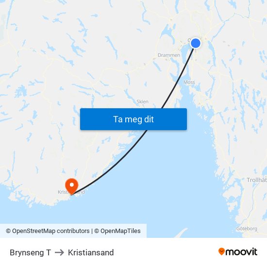 Brynseng T to Kristiansand map