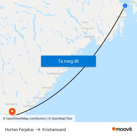 Horten Ferjekai to Kristiansand map