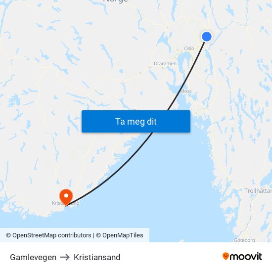 Gamlevegen to Kristiansand map