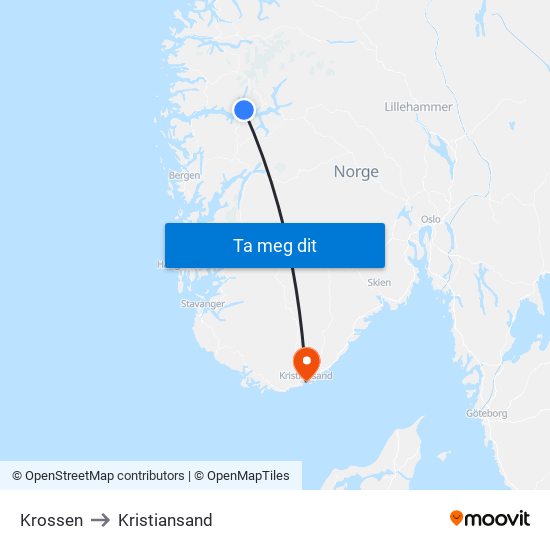 Krossen to Kristiansand map
