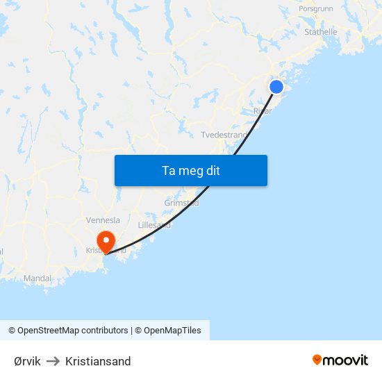 Ørvik to Kristiansand map