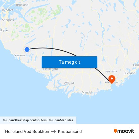 Helleland Ved Butikken to Kristiansand map