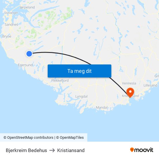 Bjerkreim Bedehus to Kristiansand map