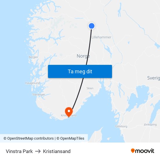 Vinstra Park to Kristiansand map