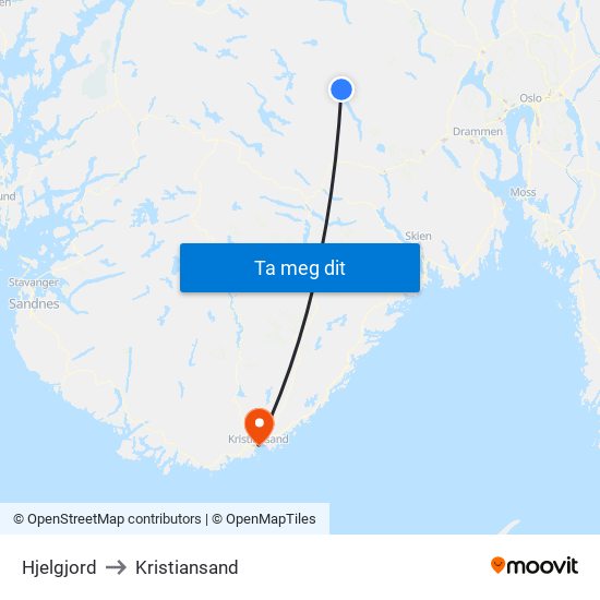 Hjelgjord to Kristiansand map
