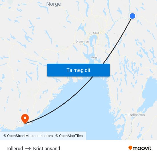 Tollerud to Kristiansand map