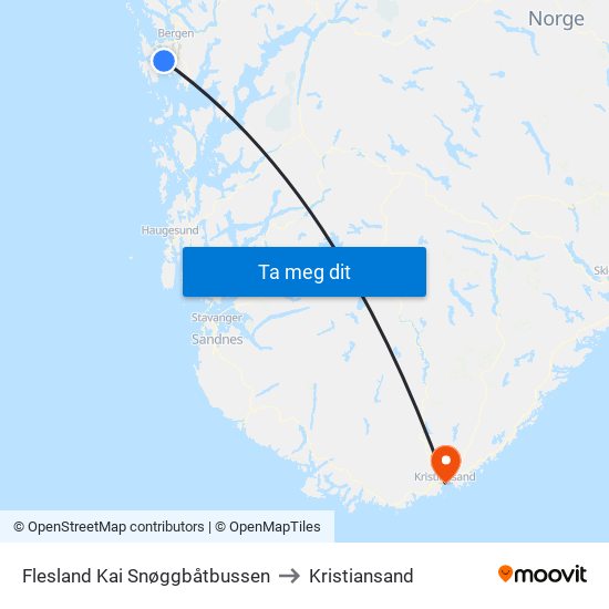 Flesland Kai Snøggbåtbussen to Kristiansand map