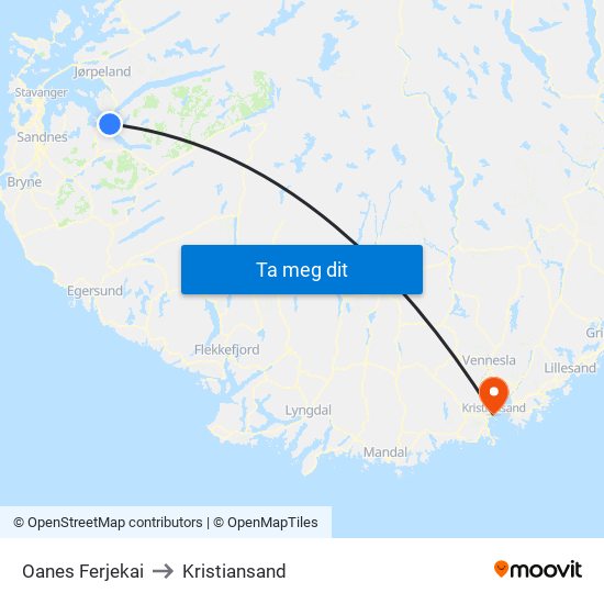 Oanes Ferjekai to Kristiansand map