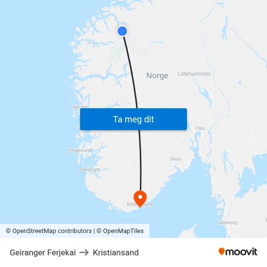 Geiranger Ferjekai to Kristiansand map