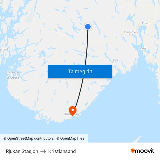 Rjukan Stasjon to Kristiansand map