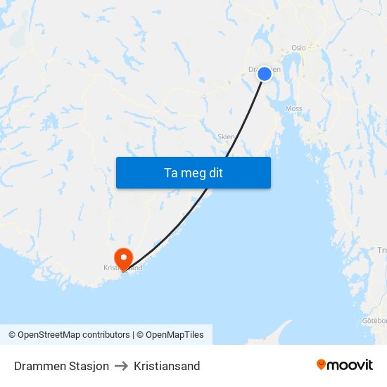 Drammen Stasjon to Kristiansand map