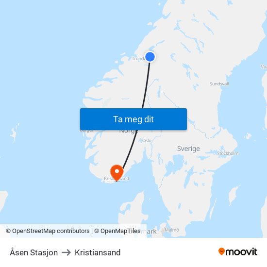 Åsen Stasjon to Kristiansand map