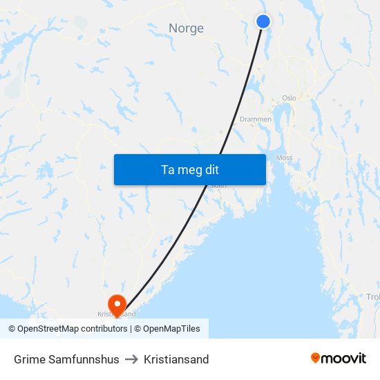 Grime Samfunnshus to Kristiansand map