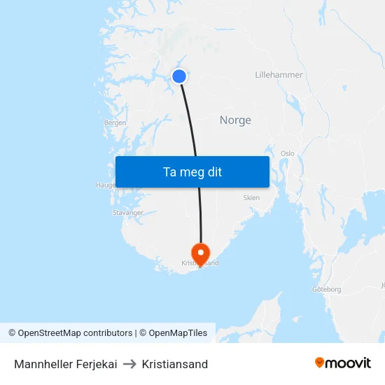 Mannheller Ferjekai to Kristiansand map
