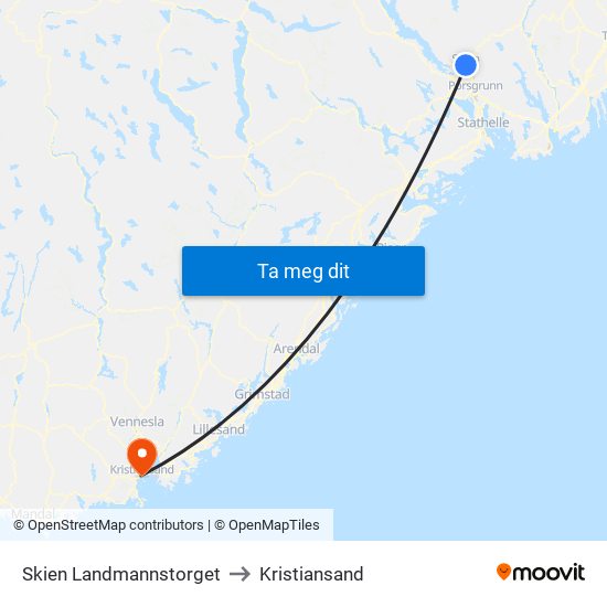 Skien Landmannstorget to Kristiansand map