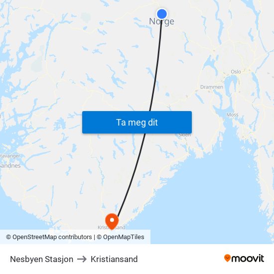 Nesbyen Stasjon to Kristiansand map