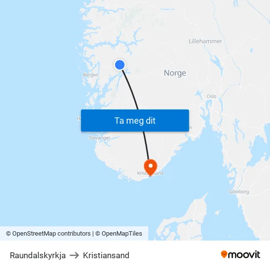 Raundalskyrkja to Kristiansand map